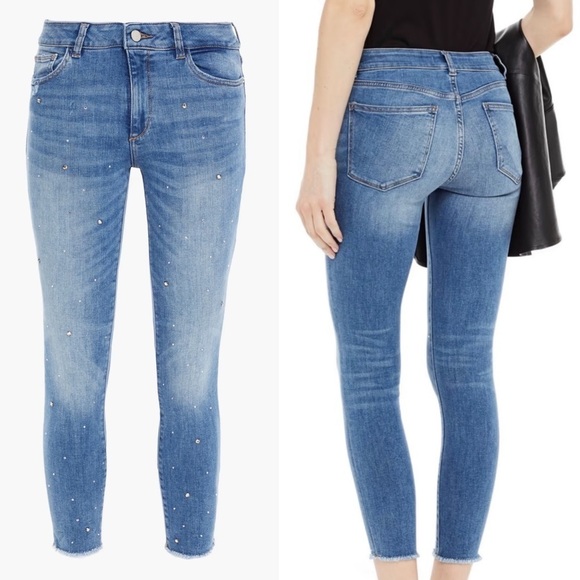 DL1961 Crystal-Embellished Cropped Mid Rise Instasculpt Skinny Jeans Size 26 - Picture 2 of 12